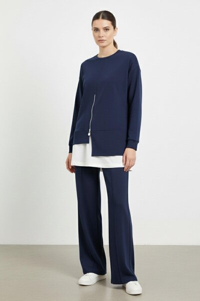 Puane Women's Zipper Detailed Tunic Trousers Set-14438Tks - Navy