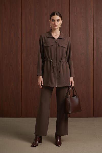 Puane Women's Zipper Detailed Lace-Up Modal Suit-14433Tks - Brown