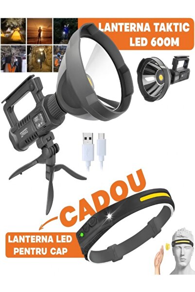 ROVERIM Lanterna LED, 27 cm, Cablu USB-C, trepied inclus + Lanterna de cap CADOU