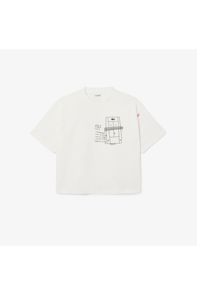 Lacoste Kız Çocuk Bisiklet Yaka Baskılı Beyaz T-Shirt