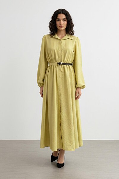 Soul Belt Detailed Buttoned Long Dress-32449 - Yellow