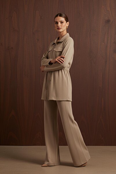 Puane Women's Zipper Detailed Lace-Up Modal Set-14433Tks - Beige