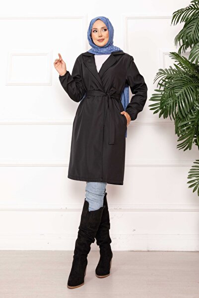 EBRUTESETTÜR Double-Breasted Collar Belted Relax Trench Coat Black
