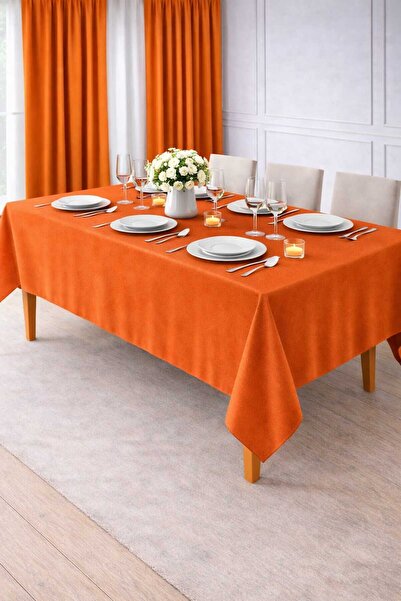 PerdeYap1980 Velvet Textured Orange Color Tablecloth