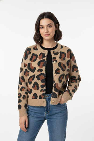 Sementa Leopard Patterned Bearded Knitwear Cardigan Beige