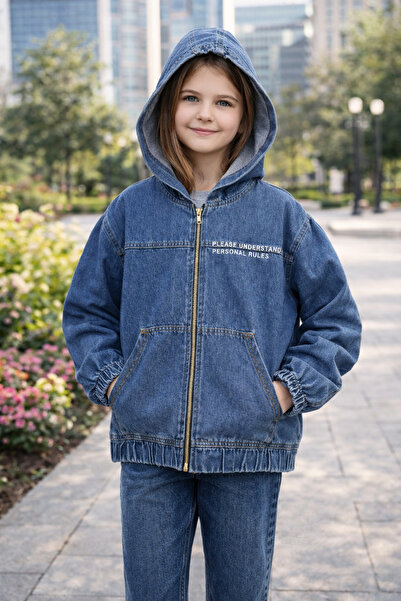 kahkaha kids Kız Çocuk Kapüşonlu Kot Ceket Mavi – Fermuarlı Oversize Jean Mon...