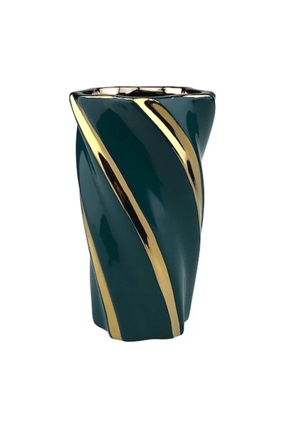 OEM Vază ceramică cu dungi, 11x20 cm, verde-auriu
