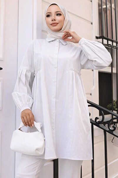 hafsamina Ruched Detail Balloon Sleeve Shirt White Hm2763