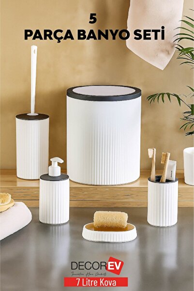 decorev 5 Piece Modern Bathroom Accessory Set – with 7 Liter Bucket – White-A...
