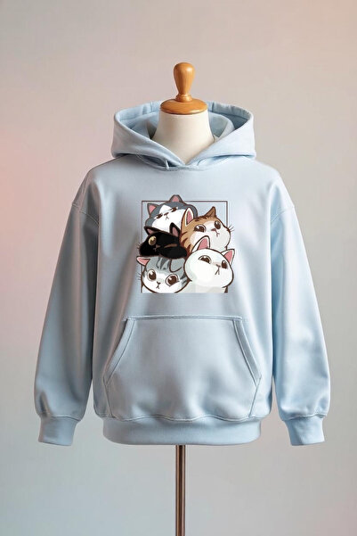 Vordevia Cat Printed Cotton 3 Thread Oversize Hooded Sweatshirt