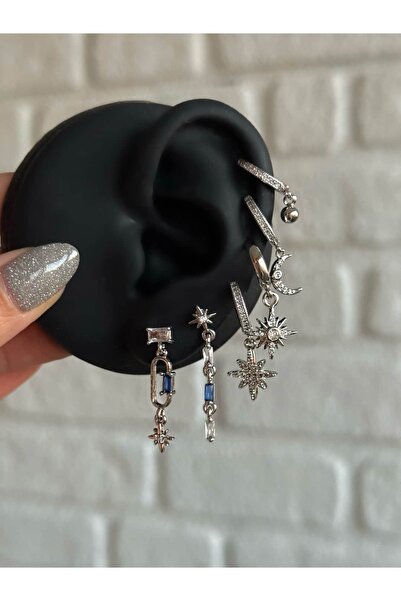 h&b design jewel Çelik Silver Lacivert Taşlı 6 Lı Küpe Seti