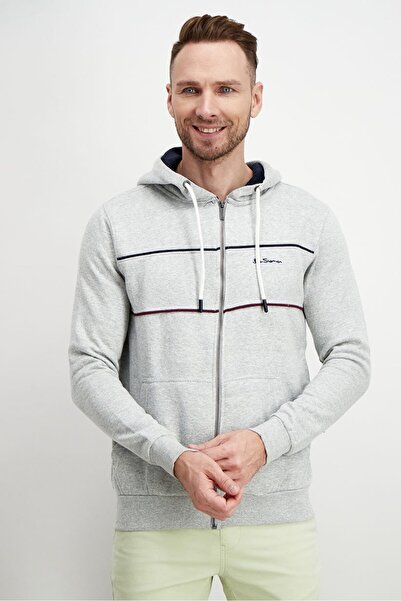 Ben Sherman بغطاء رأس شيرت رجالي بأكمام طويلة مطرزة وياقة بغطاء رأس، لون رماد...