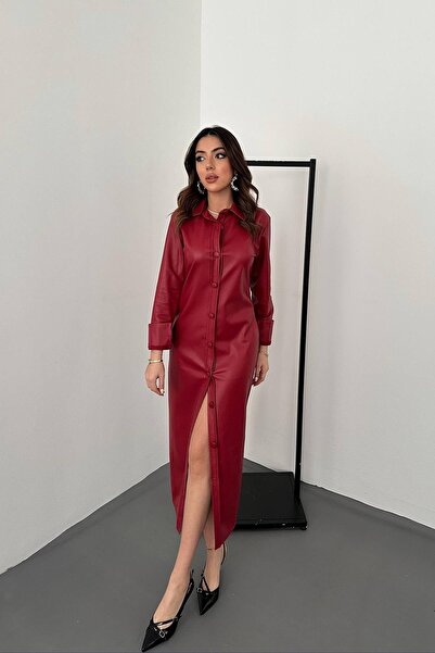 Leina Düğme Detaylı Deri Görünümlü Elbise