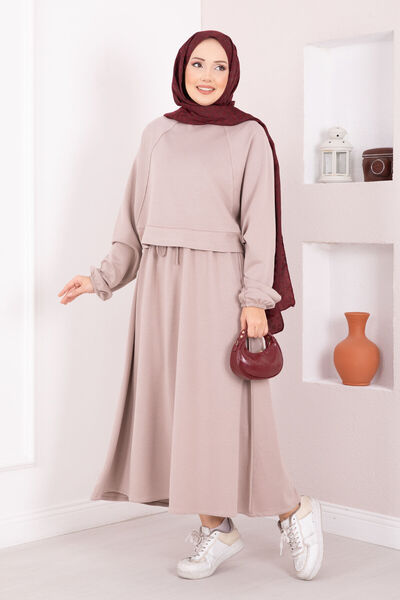 EBRUTESETTÜR Batwing Sleeve Crop Skirt Hijab Set Stone