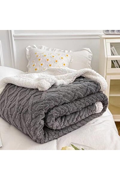 OEM Thick Cocolino Blanket with Fur, 200x230cm, Knitted Type, Dark Gray