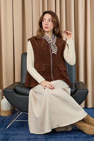 Soul Women's Suede Vest with Pocket Detail - 32404Ylk - Brown