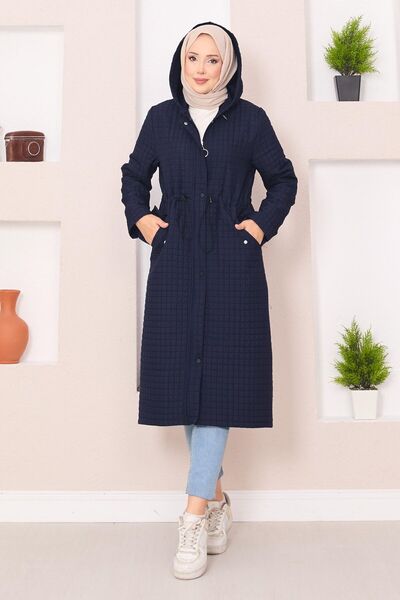 EBRUTESETTÜR Hooded Quilted Hijab Trench Coat Navy Blue