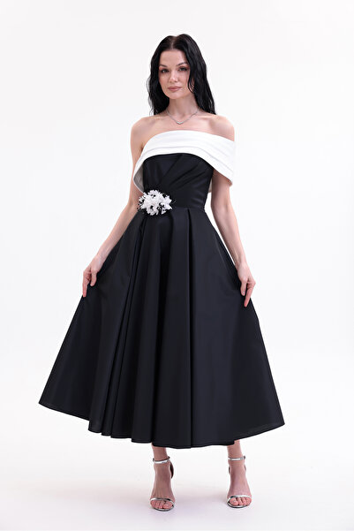 BDM Exclusive Tafta Çiçek Detaylı Off-Shoulder Premium Abiye Elbise