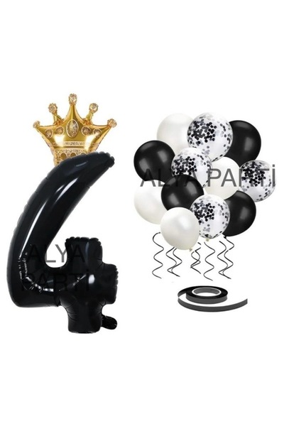 ALYA PARTİ 4 Yaş Siyah Taç Rakam Folyo Balonlu Doğum Günü Seti