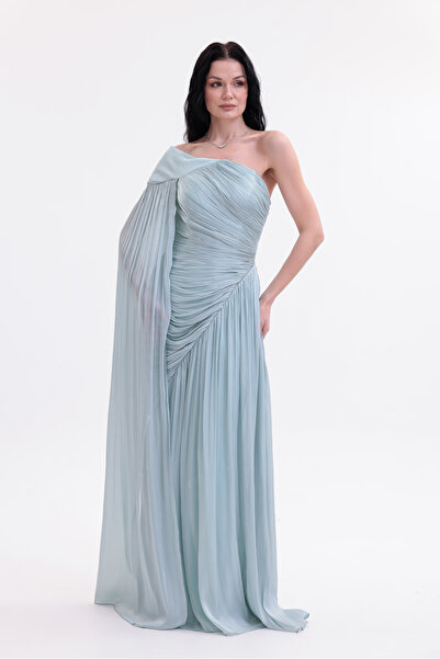 BDM Exclusive Parlak Şifon Drape Kollu Tek Omuz Premium Abiye Elbise