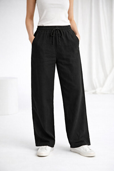 Lighter Jeans Γυναικείο μαύρο λινό παντελόνι με φαρδιά μπατζάκια και ελαστική...