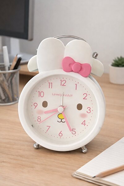 TAKIŞTIR Beyaz Renk Tavşan Figürlü Mini Dekoratif Işıklı Alarmlı Yuvarlak Mas...