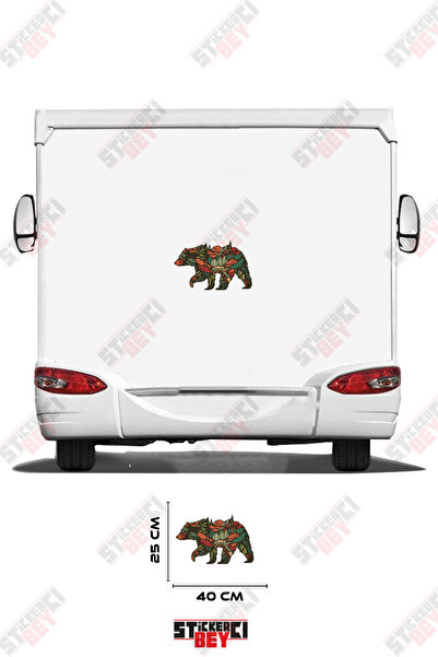STİCKERCI BEY Caravan Sticker Coating with Tree Leaves Pattern and Bear Image