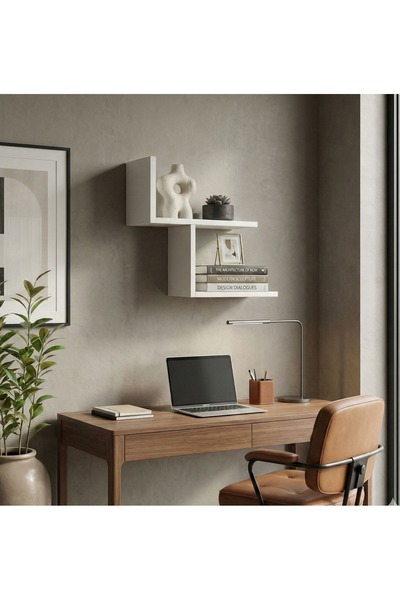Basart Modern Beyaz Duvar Rafı - Minimalist L Tipi Dekoratif Kitaplık ve Akse...