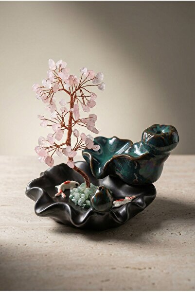 MuhammedMasumCo Pembe Kuvars Doğal Taş Ağaçlı Tütsülük – 10 × 13 cm | 322 gr