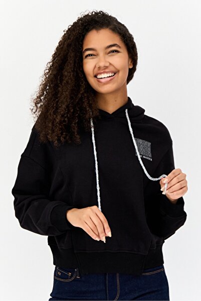 Steve Madden Women Graphic Print Long Sleeves Hooded Sweatshirt, Black