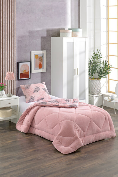 tekstildiyarı Single Double-Sided Welsoft Quilt Set with Pillowcase, Powder F...