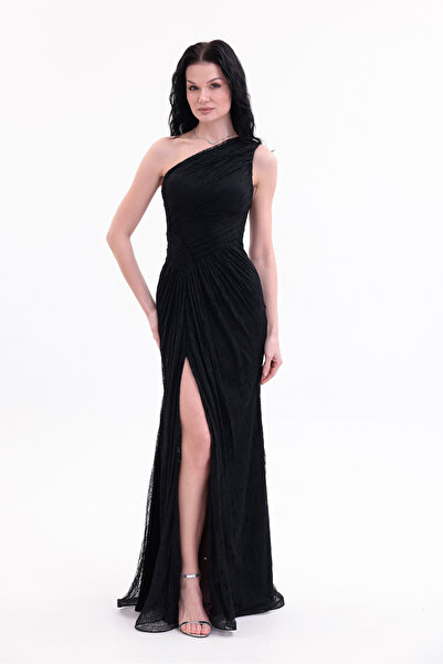 BDM Exclusive Dantel Drape Detaylı Tek Omuz Yırtmaçlı Premium Abiye Elbise