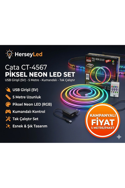 Cata CT-4567 Piksel Neon LED USB Girişli 5V 5 Metre Kumandalı – Tak Çalıştır Set