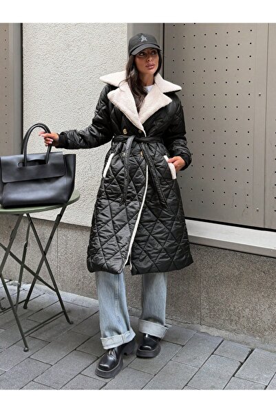 Podyum Park معطف نسائي طويل مبطن – ياقة من الفرو، مع حزام، معطف شتوي أنيق