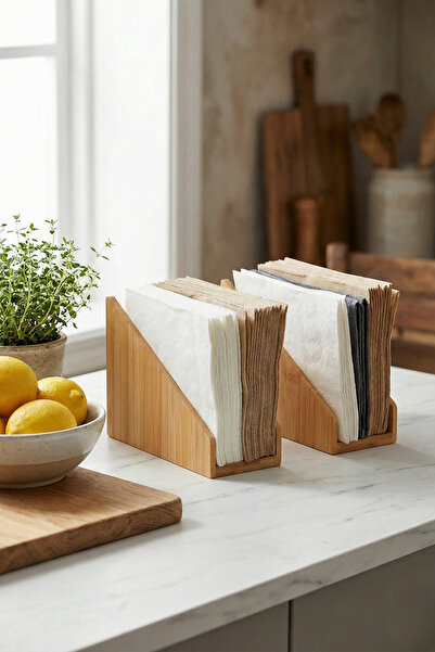 Poomy Natural Bamboo Napkin Holder Desktop Kitchen Organizer Decorative Woode...