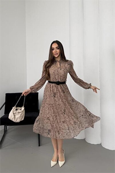 Dipmoda Kadın bej bağlama detaylı dik yaka şifon midi elbise DPELB01