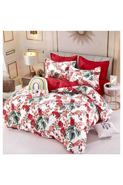 JOJO HOME Спално бельо, Jojo Home, Десен с червени цветя, 6 части, за 2 души,...