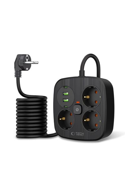 Tech-Protect PCS3X4 Power Strip: 3xAC, 2xUSB/C, 2m, Black