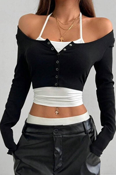 İlayda Toprak Twist Kadın Body Çıtçıt Detaylı Uzun Kollu Siyah Full Crop