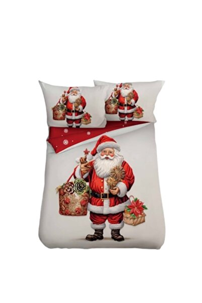 OEM Lenjerie de pat, bumbac satinat, 1 persoană, 4 piese, Moș Crăciun cu cado...