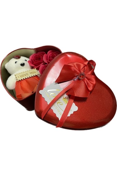 OEM Red Heart Shaped Box with Soap Roses and Teddy Bear with text 'I love you'