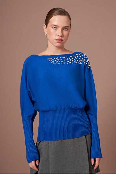 FTZ WOMEN Дамски пуловер с бродерия и крилчати ръкави Beyoğlu, саксофонно син...