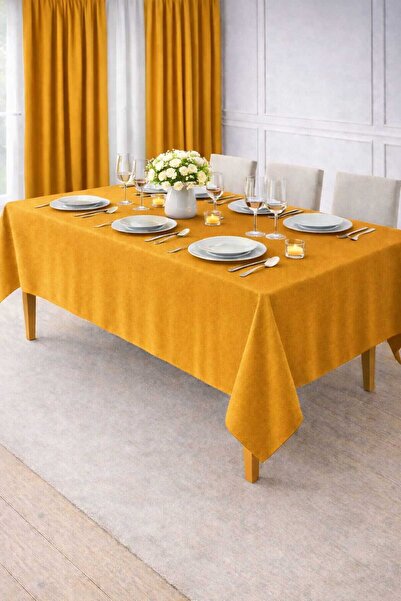 PerdeYap1980 Velvet Textured Mustard Color Tablecloth