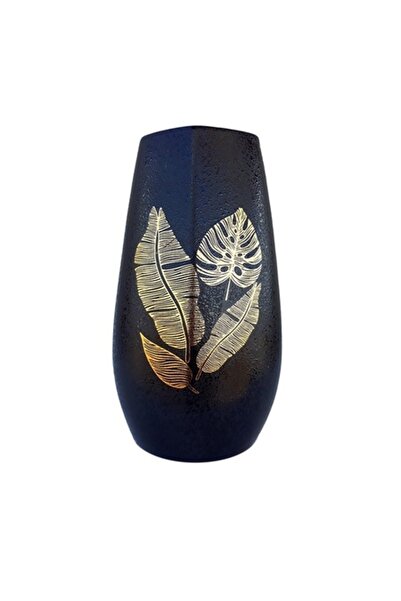 OEM Ceramic Vase, Cylindrical, with Golden Leaves, 14X25 cm, Black-Gold