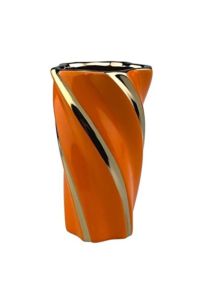 OEM Ceramic Vase with Stripes, 11x20 cm, Orange-Gold