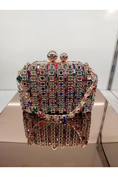 purple shoes Taşlarla Bezenmiş Renkli Kutu Abiye Çanta