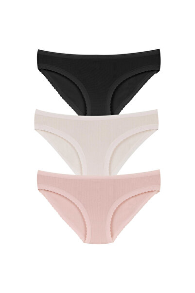 Dominant Kadın 3'lü Paket Pamuklu Fitilli Slip Bikini Külot Seti - Siyah Krem...
