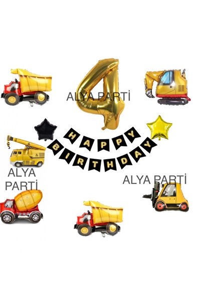 ALYA PARTİ 4 Yaş Gold Rakam Folyo Balonlu İnşaat Temalı Doğum Günü Seti