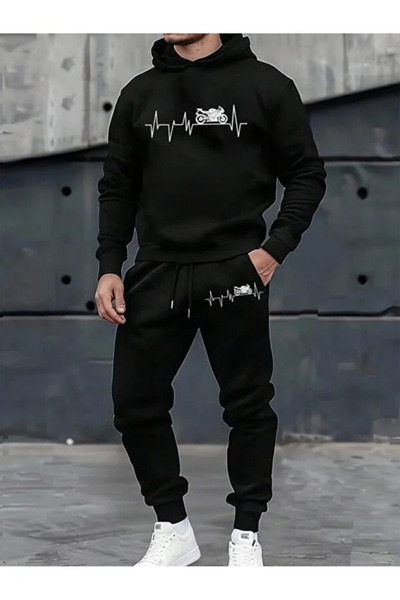 Mella&Co Black Motorcycle Passion Printed Relaxed Fit Hooded Sweatshirt and S...