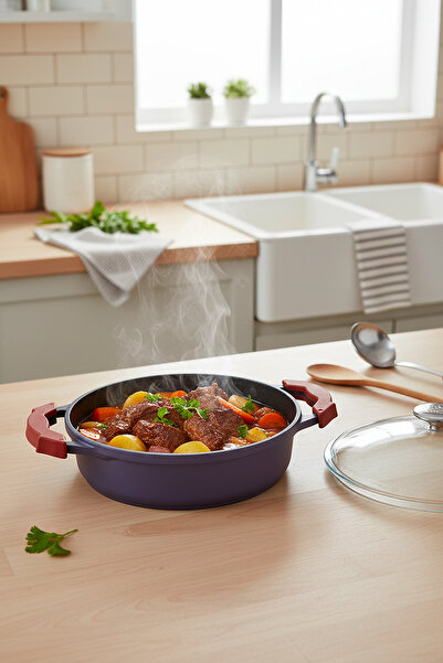 Masterchef Mor 24 cm Silikon Tutacaklı Döküm Tencere – Granit Kaplama, Yapışm...